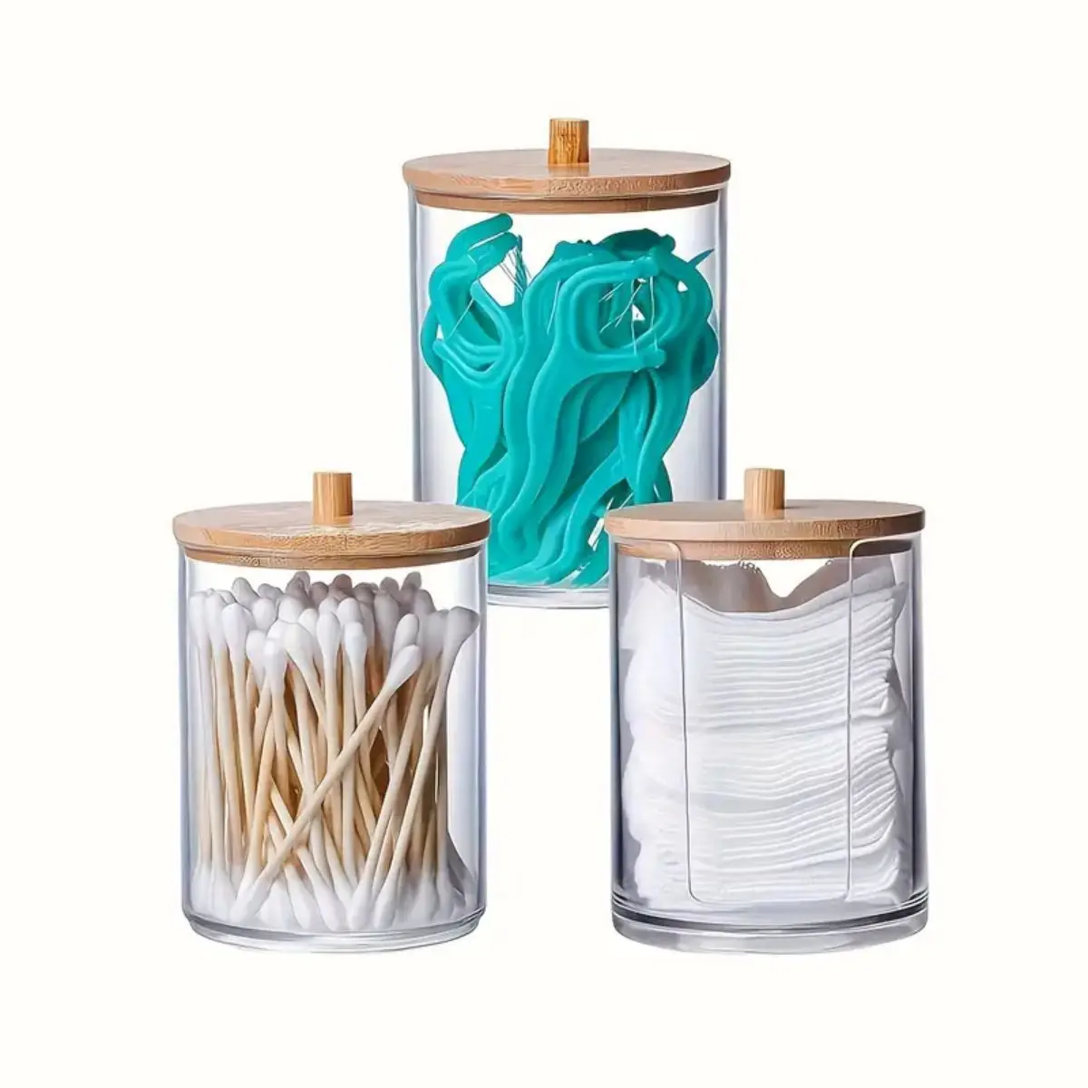 Bamboo-Lid Cotton Swab Holder - Versatile Plastic Storage Box for Makeup, Dental Floss & More