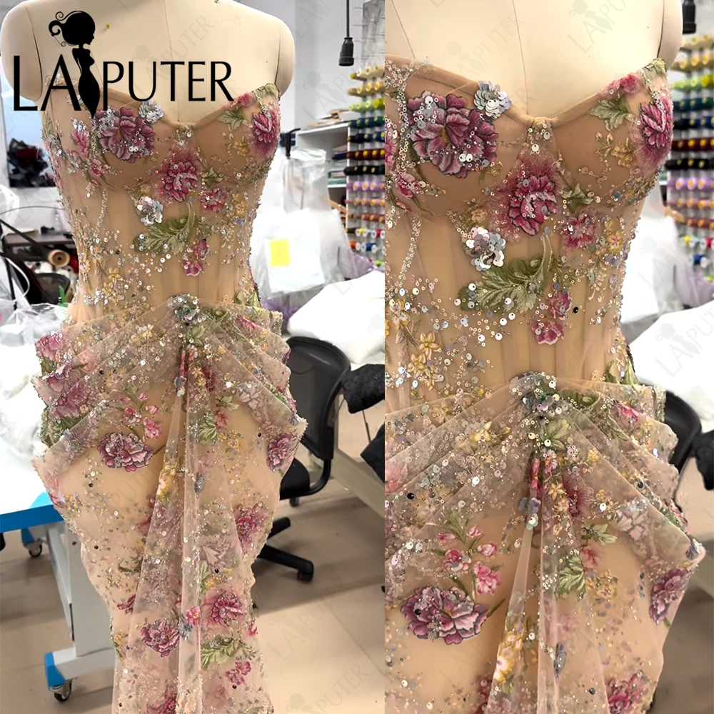 

Floral Lace Nude Mermaid Prom Dresses Corset Dropped Waist Evening Dress Off Shoulder Sexy Long Tulle Woman Formal Dress New