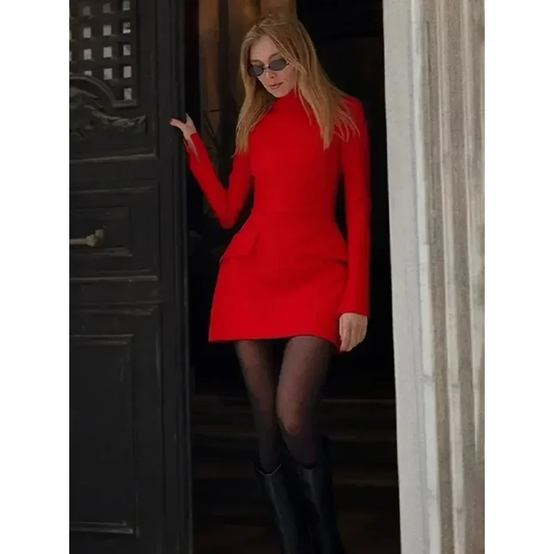 Two Pocket  Autumn Winter New Long Sleeve A-line Solid Club Party Dress Elegant Female Sexy Slim Mini Dress For Women