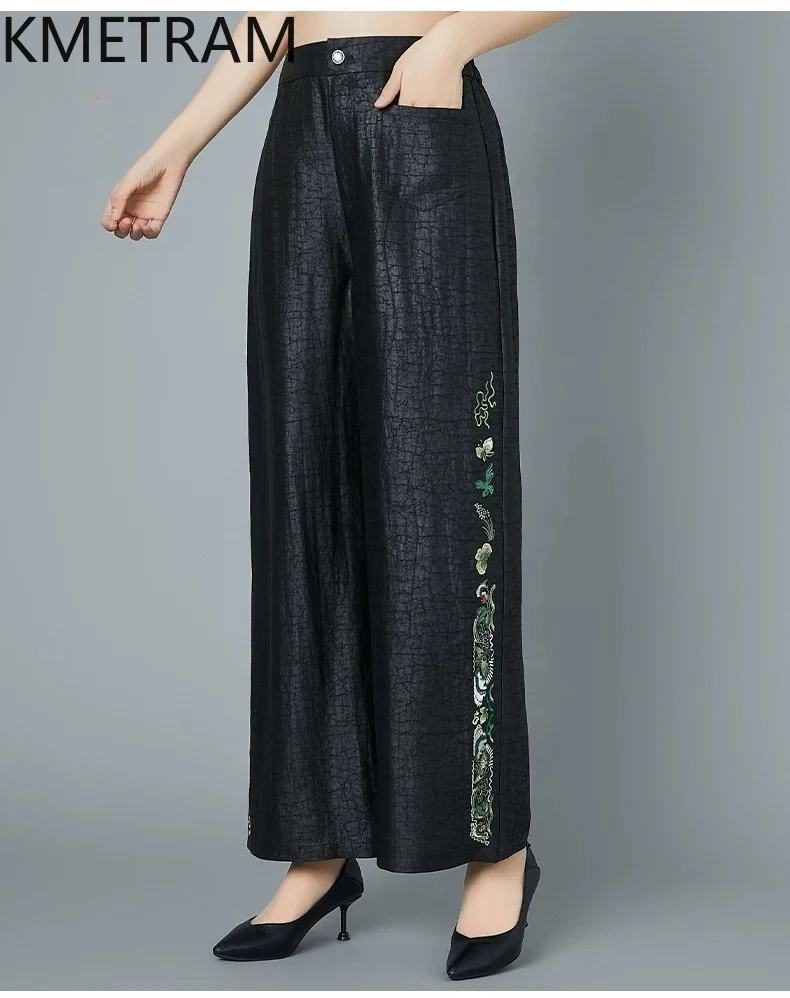 KMETRAM 100% Real Mulberry Silk Trousers Women 2026 Summer Xiangyunsha Embroidered Long Straight Pants Woman Clothing Ropa Mujer