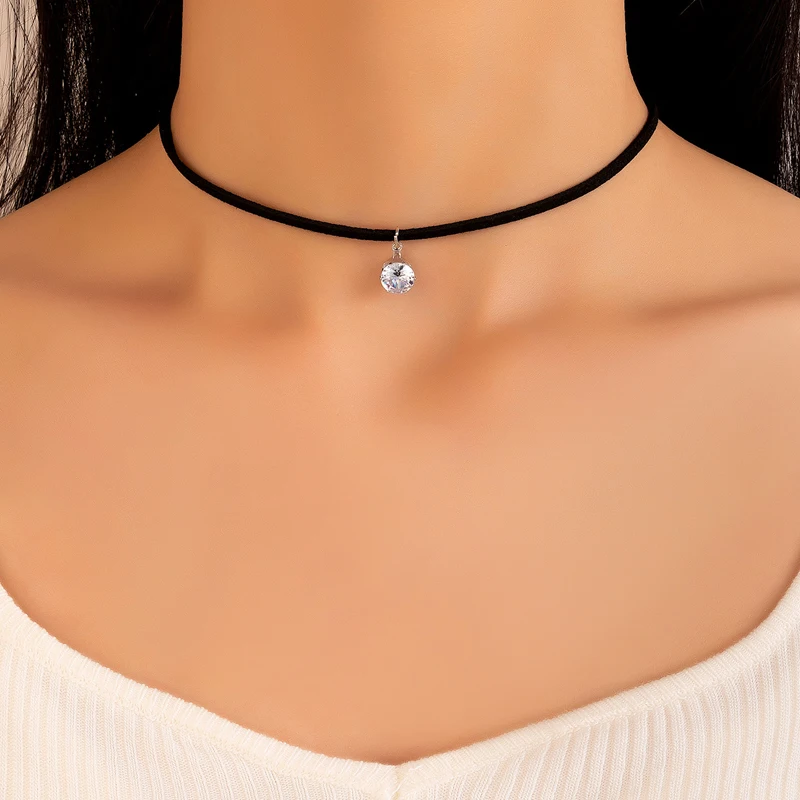 docona Elegant Crystal Pendant Choker Neckalce for Women Girls Charms Black Flannel Metal Adjustable Party Jewelry Wholesale