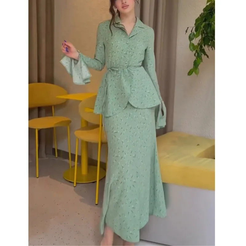 Muslim Ramadan Women Two Pieces Set Dress Lace Up Tops Skirt Suit Dubai Abaya Arab Kaftan Islamic Turkey Casual Print Suits