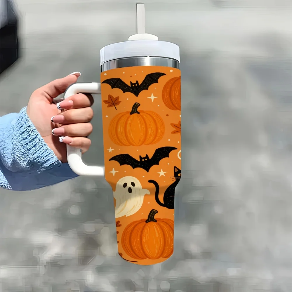 1ps Halloween and Christmas 40oz Insulated Tumbler with Handle and Straw Lid, Reusable Leakproof Water Cup for Home Office Car Outdoor Travel, Cute Spooky Pumpkin Bat Black Cat Halloween Themed Printed Drinkware