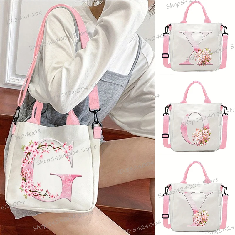 Cherry Blossom Alphabet Women's Shoulder Bag Boys Girls Fashion Flower Letter Sakura Tote Bag Canvas Handbag Y2K Crossbody Bag
