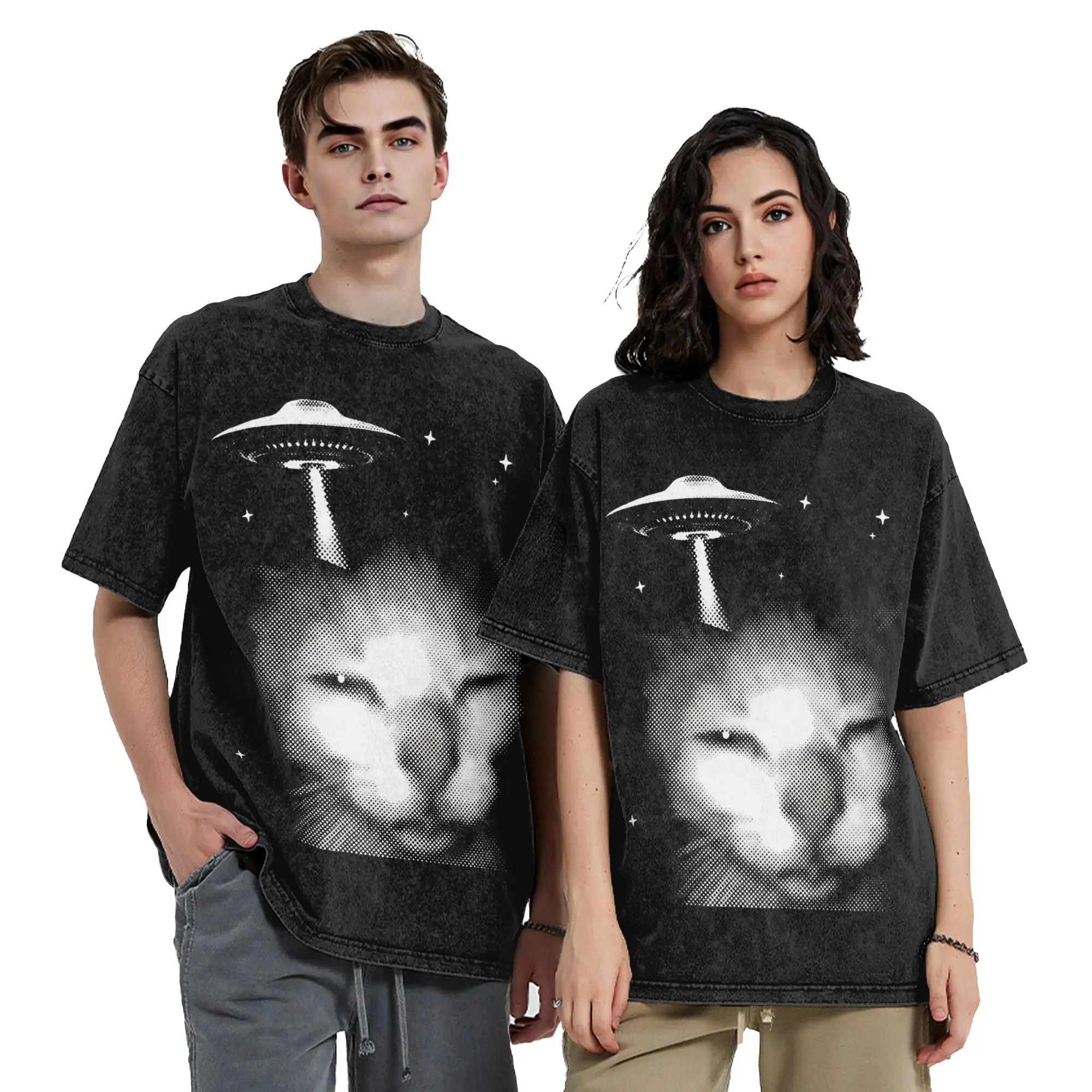 Funny Alien Invasion Cat Meme Washed T Shirts Streetwear Hip Hop T-Shirts  Tee Shirt for Men Women 100% Cotton Harajuku Summer