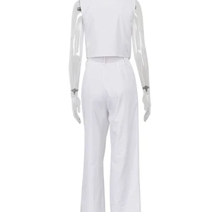 Camisola de alças sem mangas de linho branco Clacive para mulheres, verão 2 peças, calças largas de cintura alta, combinando, moda, novo, 2024 8 principais vendas conjunto branco calça e cropped - №4