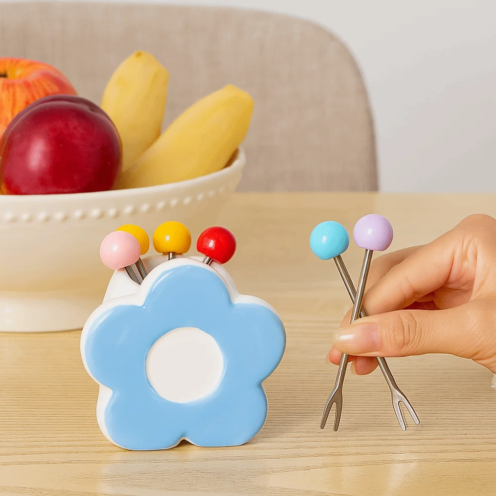 

Portable Stainless Steel Fruit Fork Flower Shaped Reusable Dessert Forks Comfortable Grip Household Cute Toothpick with Holder