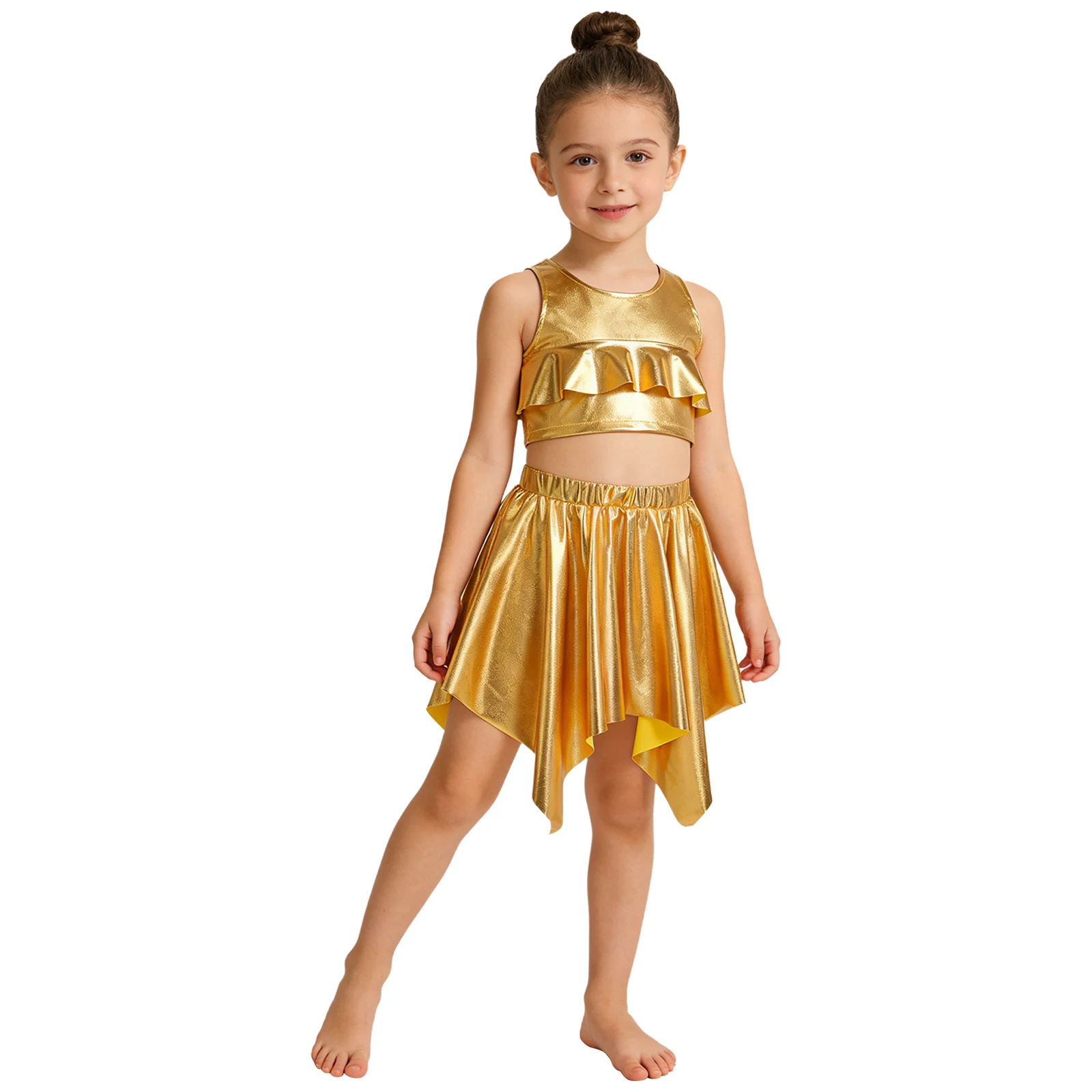 Kids Girls Metallic Shiny Jazz Dance Outfit Sleeveless Ruffle Vest with Skirt Disco Party Cheerleading Hip Hop Street Dancewear