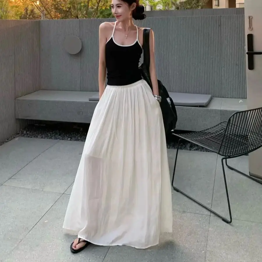 White satin loose skirt women summer new slim casual long skirt drawstring high waist a-line skirt