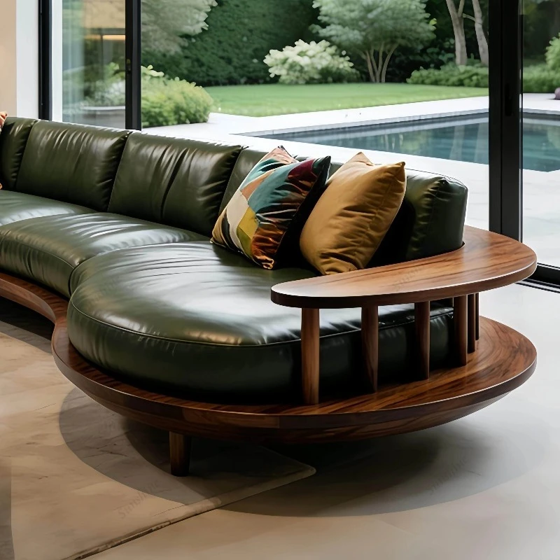 New Chinese Black Walnut Straight Row Three Person Living Room High End Solid Wood Leather Art Sofa