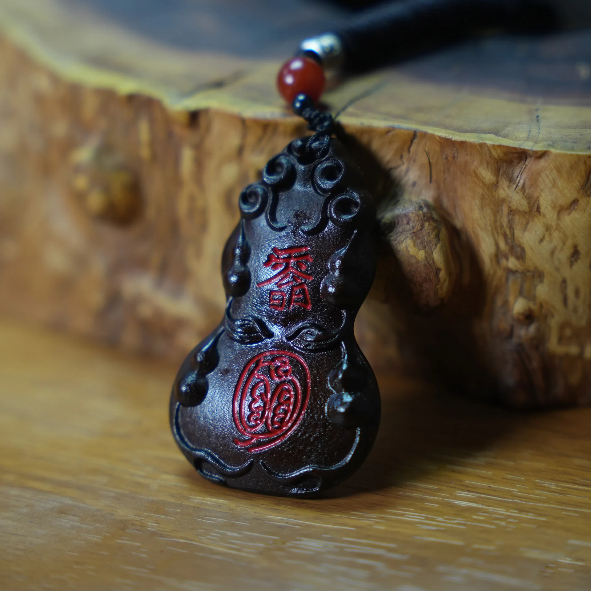 Chinese Traditional Spiritual Lucky Thunderstruck Jujube Wood Gourd Shape Pendant Hand Carved Auspicious Blessing Wealth Attract