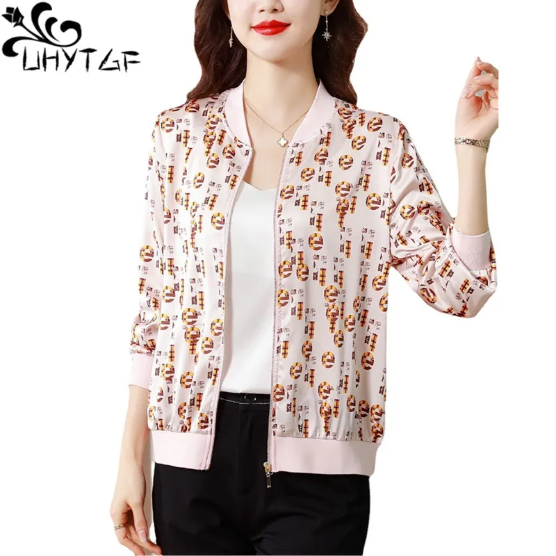 

UHYTGF Spring Jackets For Women Long Sleeve Printed Casual Thin Coat Female V-Neck Silk Baseball Uniform Cardigan Outerwear 2607