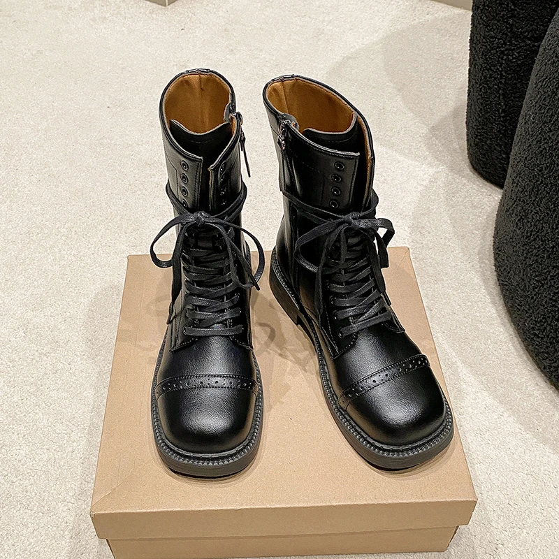 Fall New Fashion Round Front Lace-up Side Zipper Comfortable Mid-calf Boots for Women Chunky Heel Boots image 4