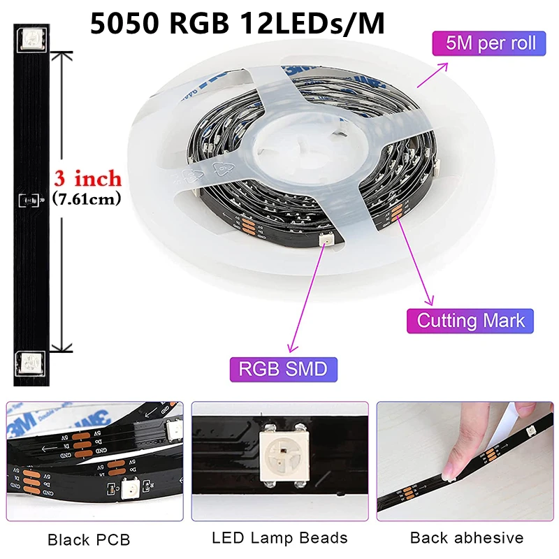 LED Strip Lights RGB SMD5050 1M-40M Led Strip Diode Tape Ribbon Music Sync 16Million Colors Changing for Party Home TV BackLight