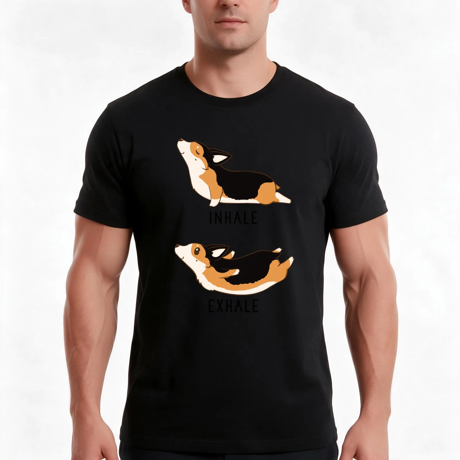 Inhale Exhale Tri Color Corgi Yoga T-Shirt Summer Casual Cotton Tee Oversized Streetwear Tops Vintage Graphic Print