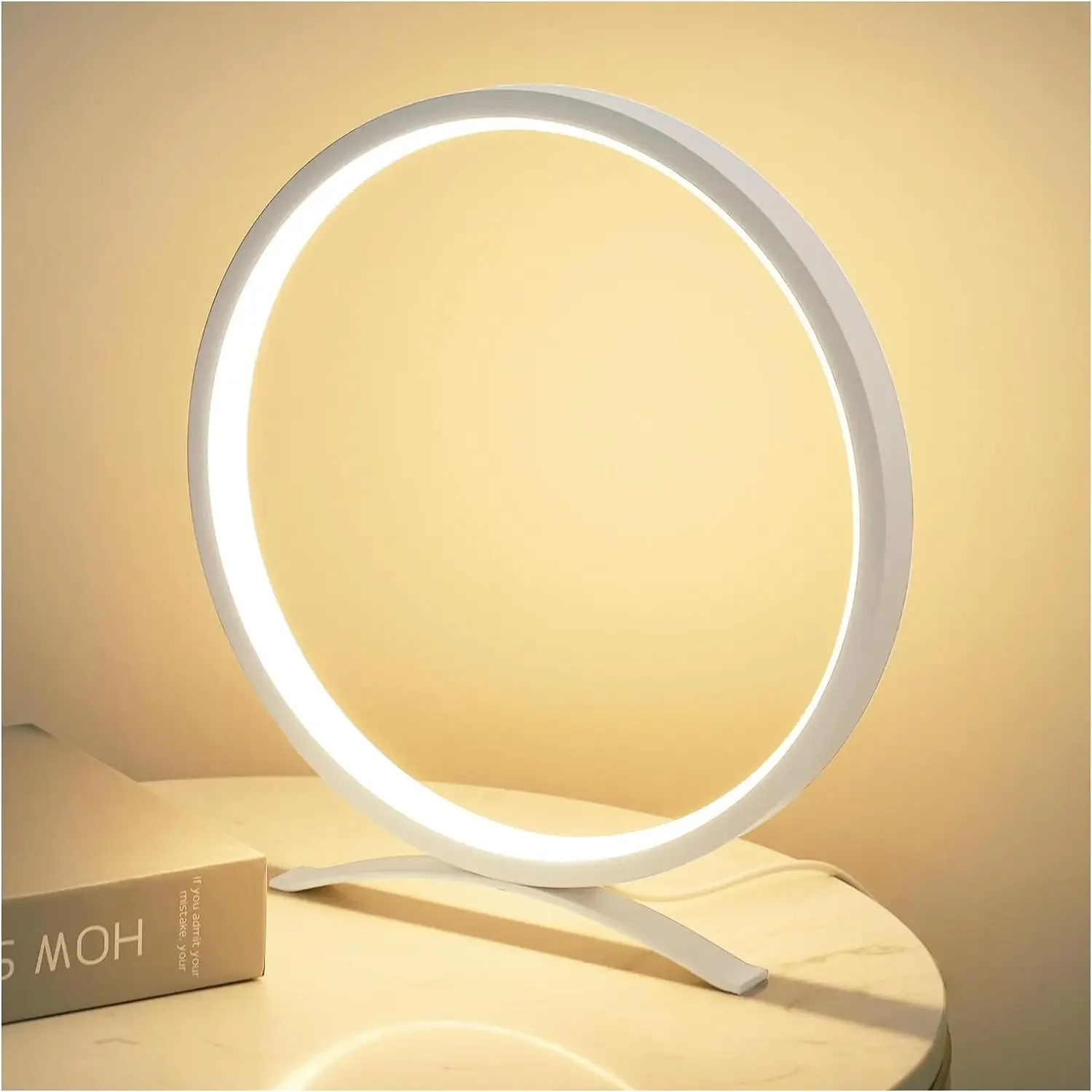 Metal Circle Ring Table Lamps Bedside Lamp for Nightstand Modern Minimalist Lamps Led Warm Light for Bedroom/Living Room 25cm