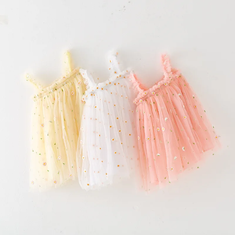 Summer Baby Girls Tulle Dress Daisy Floral Kid Birthday Party Dress Sleeveless Sling Toddler Girl Casual Clothing Princess Dress