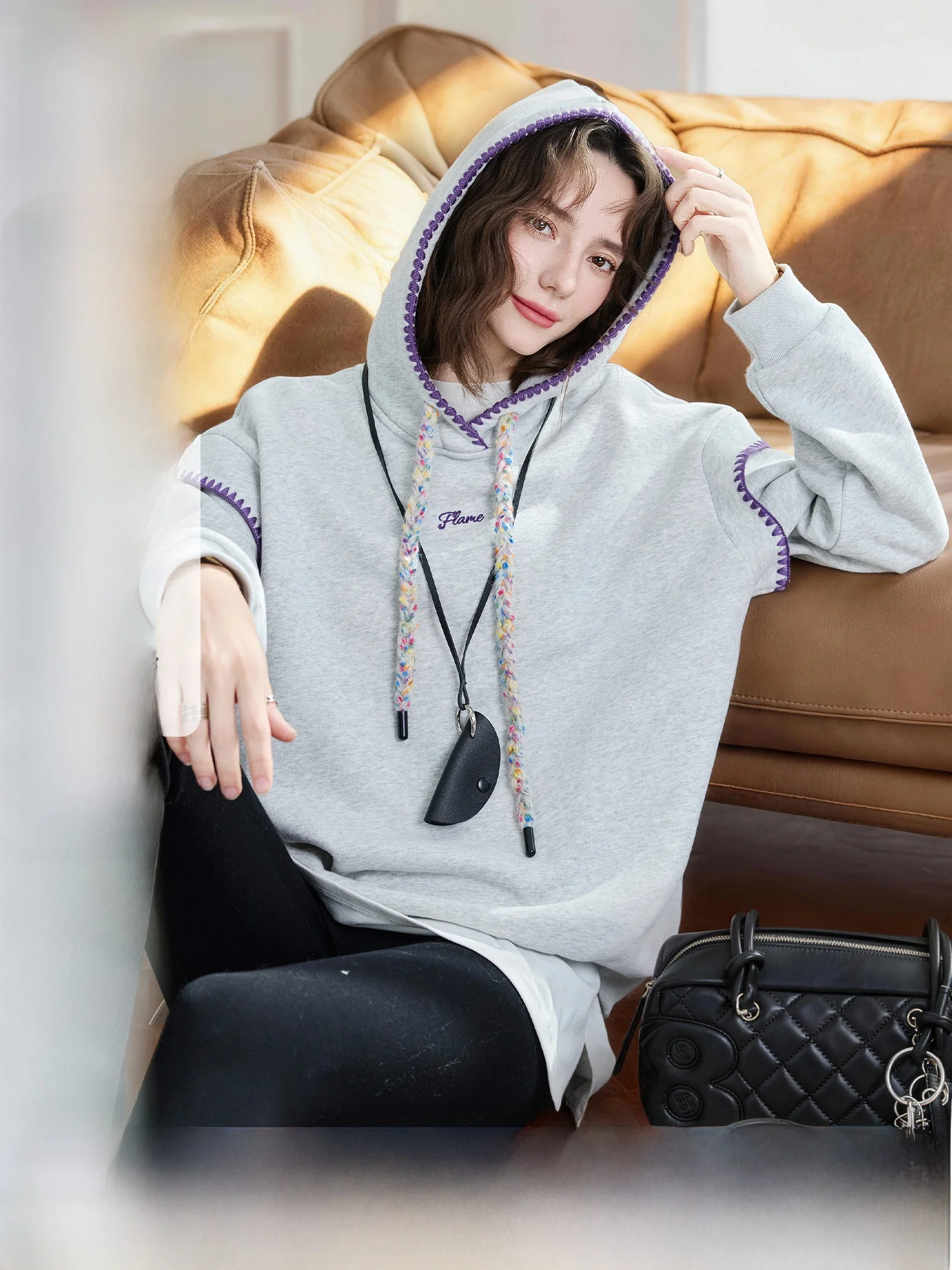 

Warm Fce Hoodie ell Stitch Color Blo Brued Long Velvet Cotton Spring Top for Women Casual Loose Fit Polyester Blend