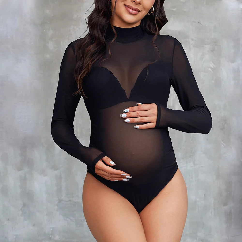 Long Sleeve Maternity Wear Slim Tight Elastic Mesh See-Through Bodysuit Mock Neck Sexy Photography Costume Baby Shower Props image 2