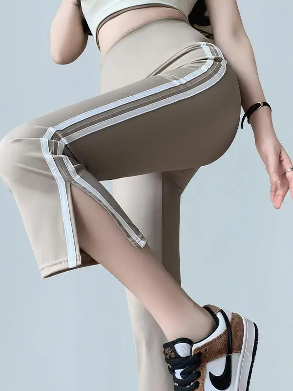 กางเกงโยคะเอวสูงทรงขากว้างสำหรับผู้หญิง ฤดูร้อน ผ้าบาง ไซส์เล็ก ทรงขาบานเล็กน้อย ผ้าโพลีเอสเตอร์ ใช้เป็นชั้นในได้