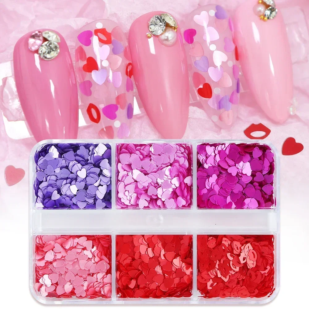6 ตารางสีแดงริมฝีปาก Love Hearts Nail Art Flakes Sequins วันวาเลนไทน์ตกแต่งสําหรับเจลเล็บอุปกรณ์เสริมเล็บ Stylist อุปกรณ์