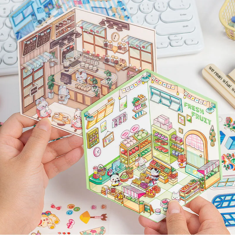 子供のための漫画のステッカー,DIY,非常に遊びやすい,かわいいキャビンシーン,貼り付け,フェスティバル,誕生日プレゼント