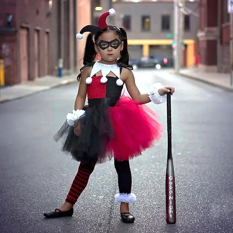 Vestido tutú Harley Joker, disfraz para niños, fiesta de carnaval, vestido tutú elegante para niñas, conjunto de disfraces de payaso asesino a rayas aterradoras