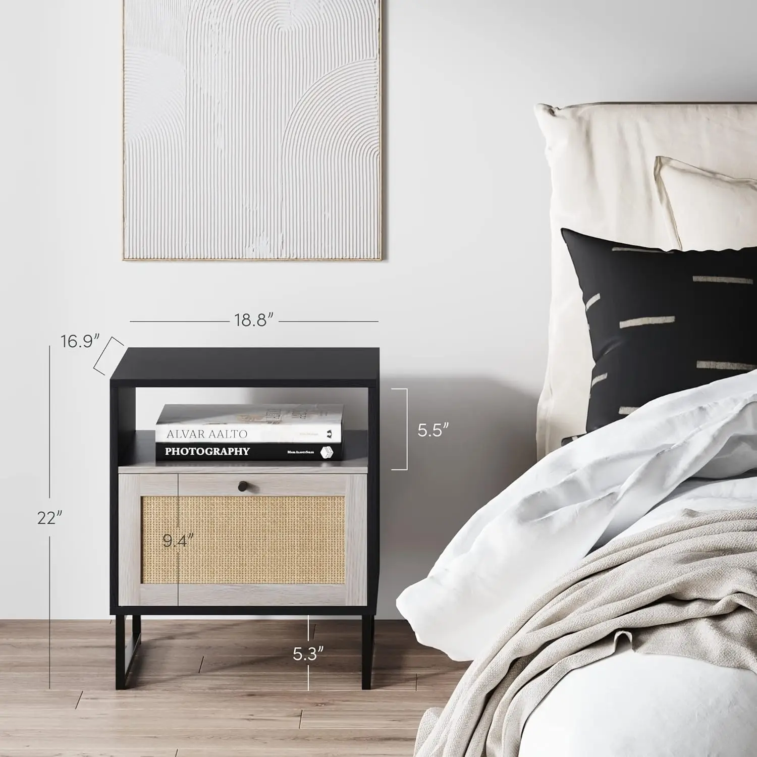 

Боковой акцентный столик из ротангового дерева с ящиком для хранения вещей для гостиной или спальни, 1, черный дуб/черный · Прямые продажи с фабрики