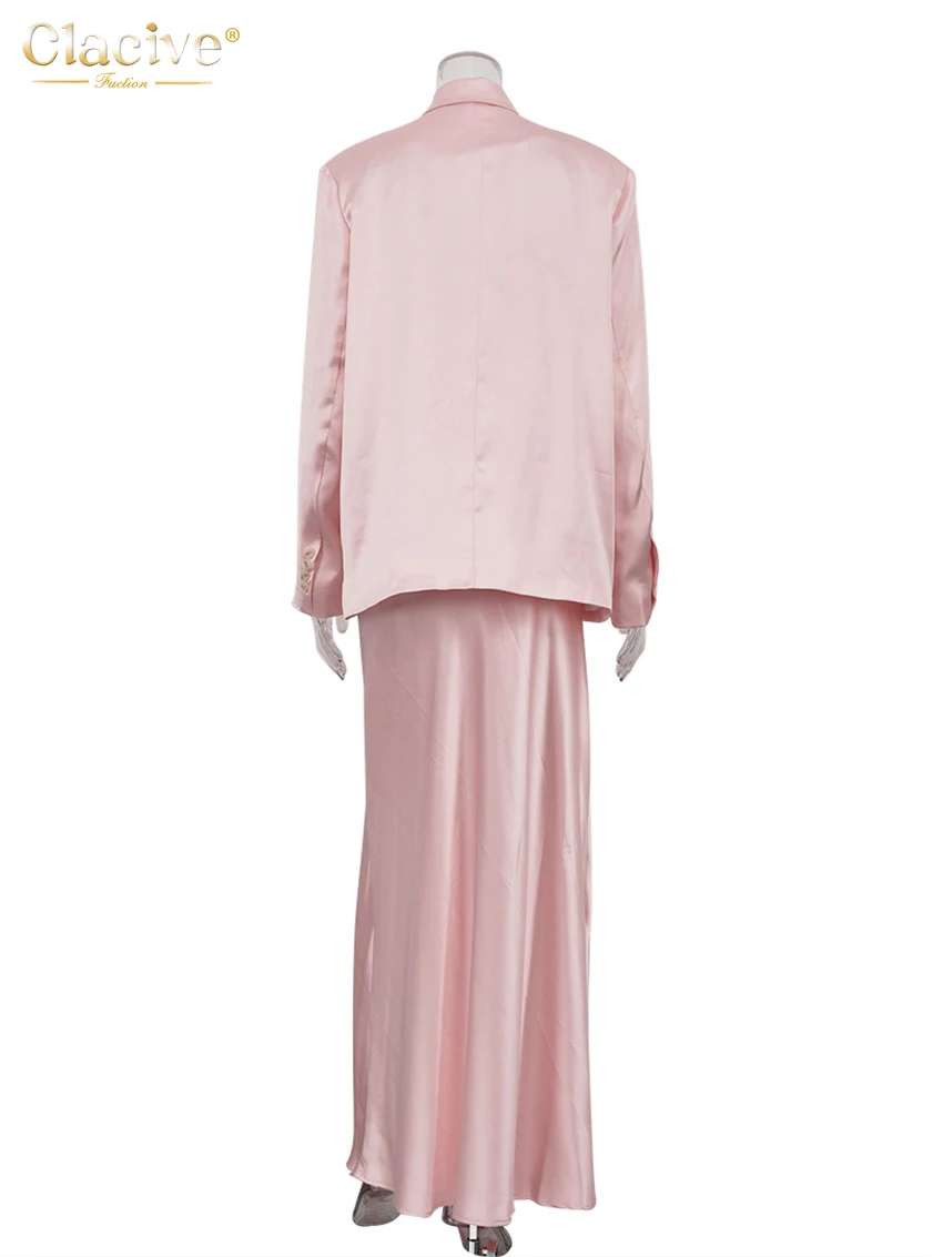 Clacive Fashion Luźny różowy satynowy damski dwuczęściowy zestaw 2025 Elegancka marynarka z długim rękawem i spódnicą maxi z wysokim stanem dla kobiet — zdjęcie 7