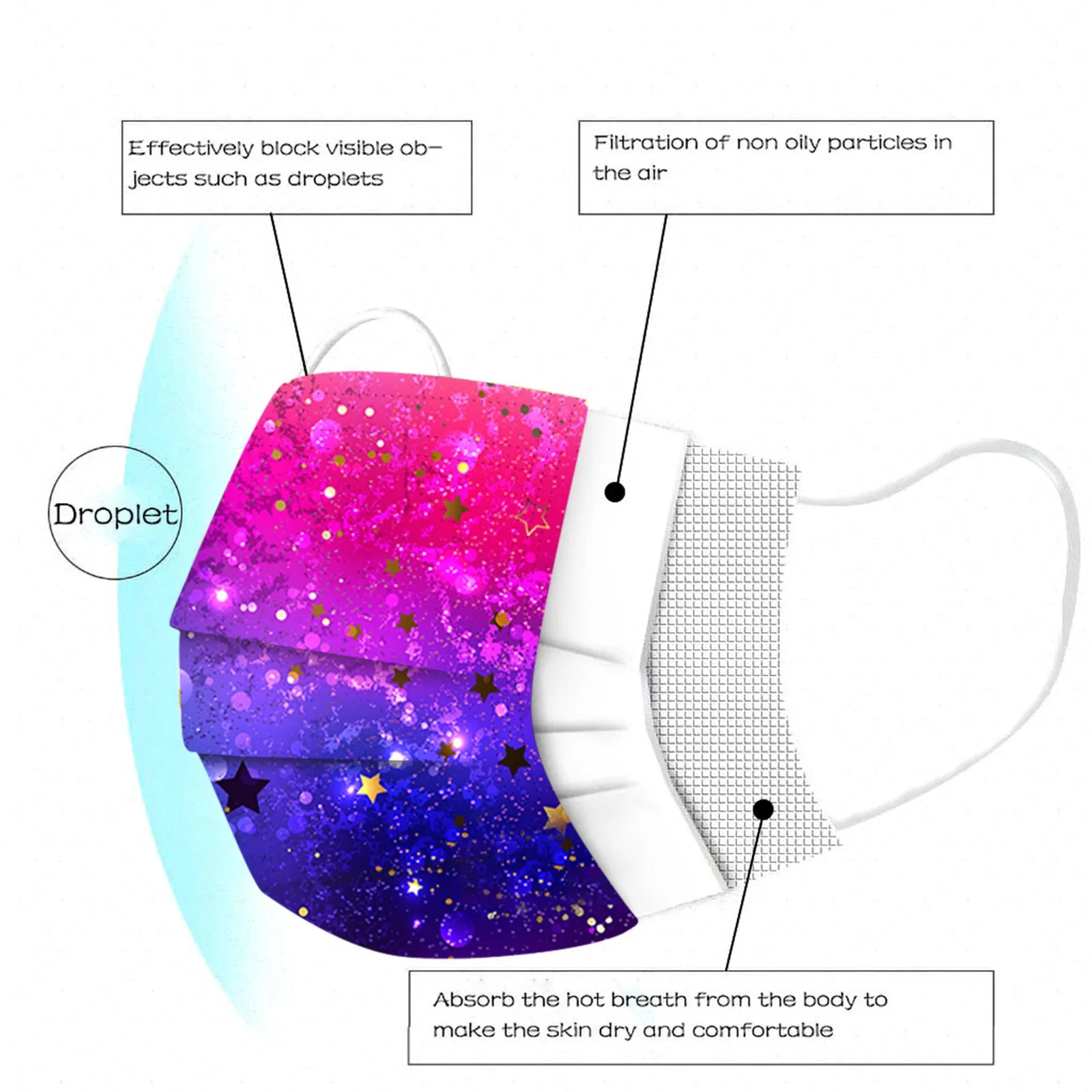 مختلط اللون 50 قطعة قناع واقٍ يومي يمكن التخلص منه قناع الكبار السماء المرصعة بالنجوم الأرجواني الحرم الجامعي خارج التسوق التنقل الحماية اليومية #6