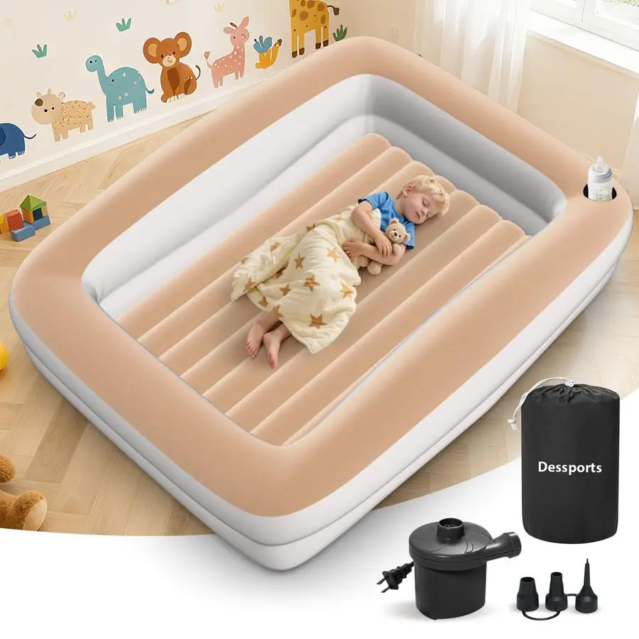 سرير سفر للأطفال الصغار مقاس 67 بوصة سرير محمول مع جوانب أمان مرتبة هوائية للأطفال مع مضخة كهربائية وحقيبة حمل خفيفة الوزن
