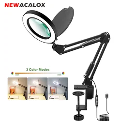 NEWACALOX 5X Magnifier with Dust Cover 3 Color Table Lamp Adjustable Brightness LED  Magnifying Glass Light  for Welding Repair