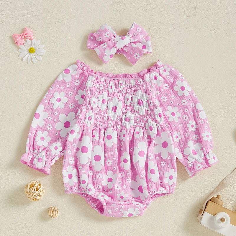 Wiosenne stroje dla małych dziewczynek Romper z długim rękawem i kwiatowym nadrukiem z kokardką