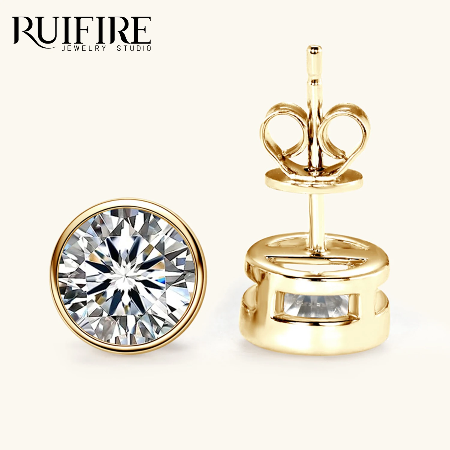 

RUIFIRE 14K Gold Plated Moissanite Stud Earrings 0.5-2ct Round Cut Moissanite Classic Bezel Setting Fine Jewelry GRA Certified