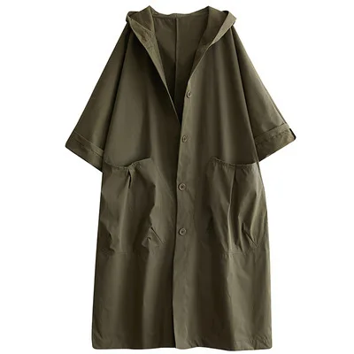 Spring Fall Oversized Women Simple Long Cardigan Hooded Black Khaki Casual Loose Pockets Trench Batwing Sleeve Stylish Mini Coat