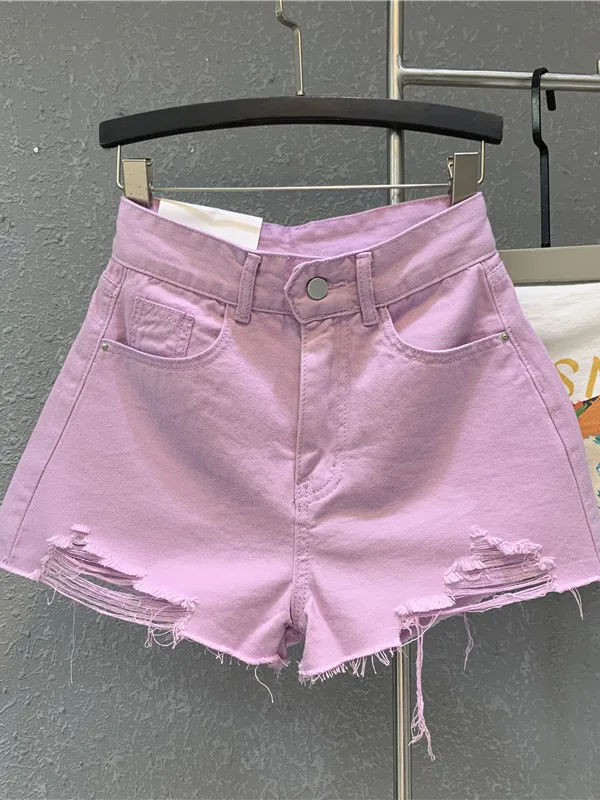 Summer New Style Candy Green Retro High Waist Slimming Short Jeans Small Size Wide Leg Pants Hole Ruffle Hem Denim Shorts
