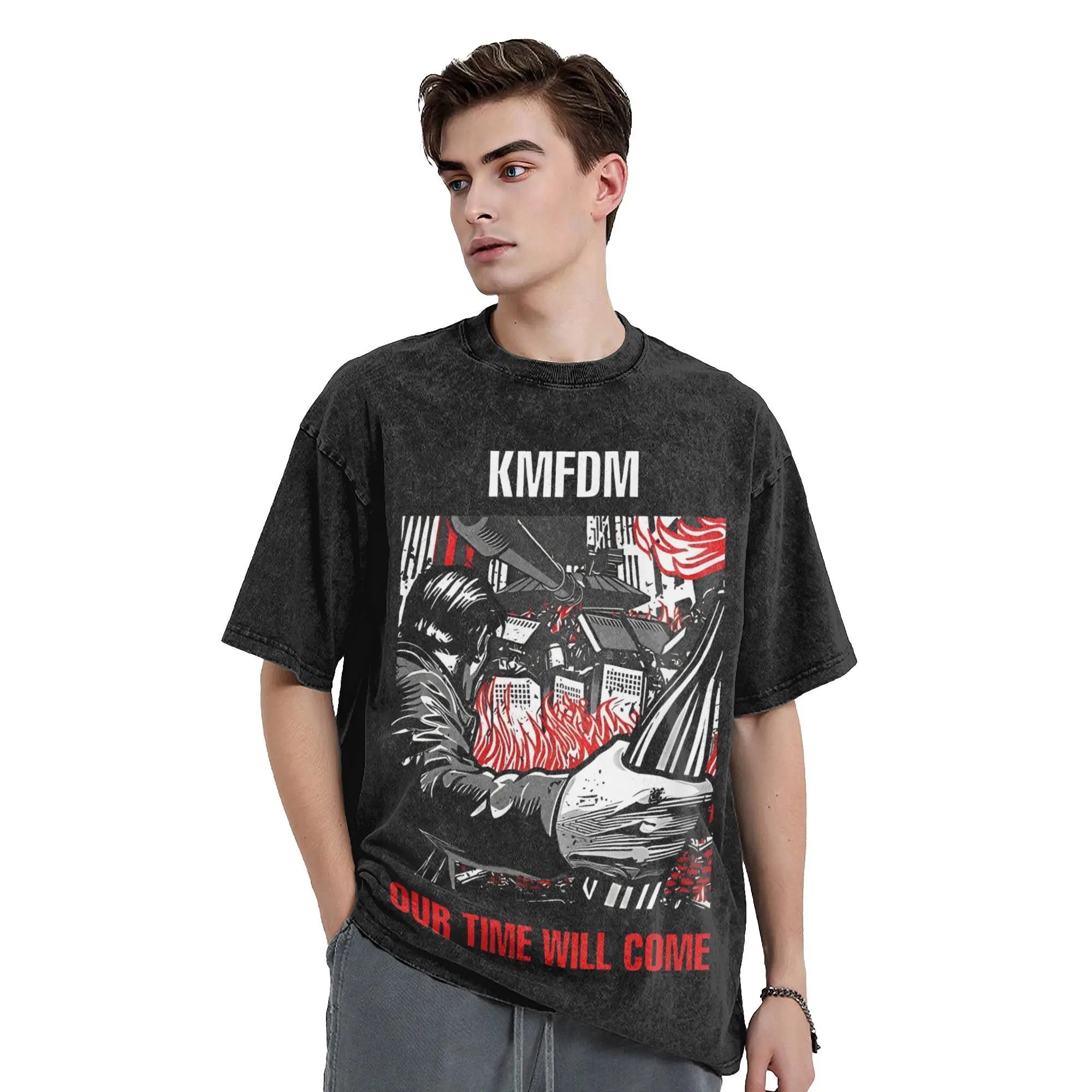 KMFDM band bang  T Shirts Hip Hop Washed Cotton Oversize T-Shirt  Novelty for Men Women Streetwear Graphic Tee Shirt