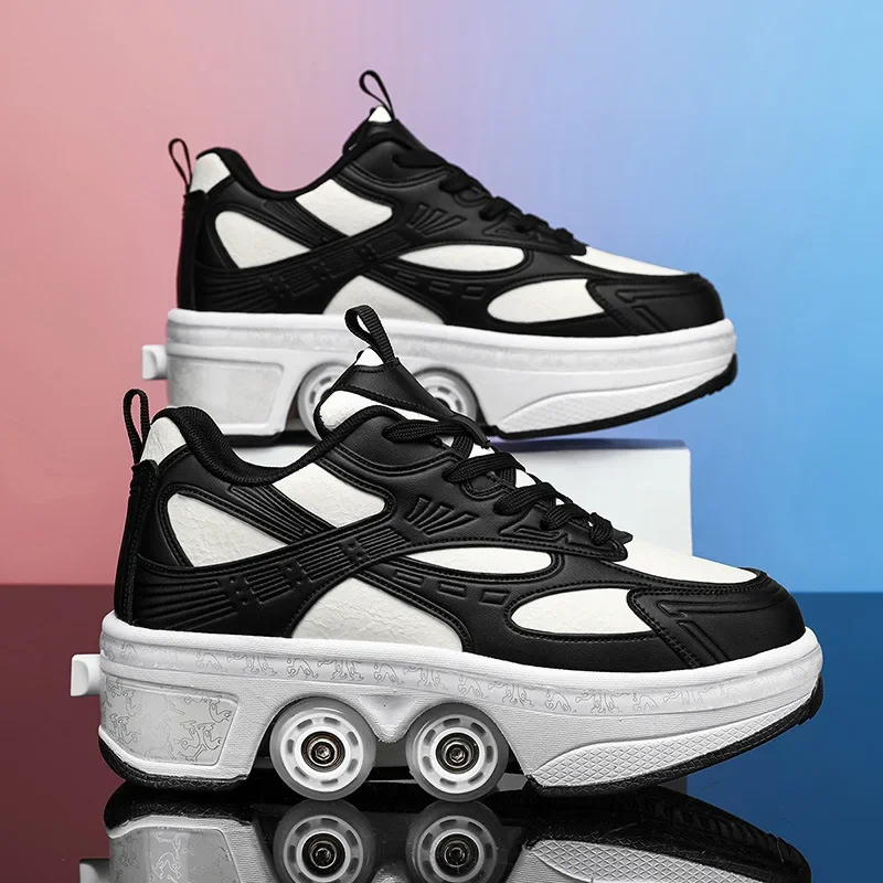 Double-Row Deform Wheel Automatic Walking Shoes Invisible Deformation Roller Skate 2 in 1 Removable Pulley Skate Skating Parkour