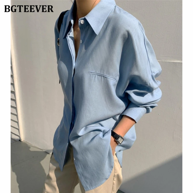 BGTEEVER Elegant Turn-down Collar Ladies Cotton Shirts Tops Summer Autumn Long Sleeve Loose Pocket Women Blouses