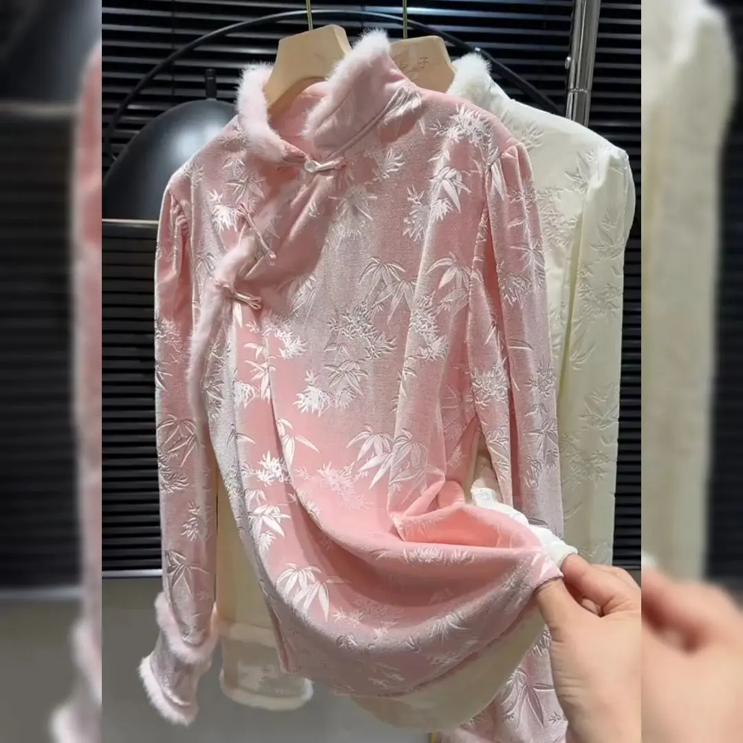 

Новая розовая бархатная блузка в китайском стиле, дизайнерская рубашка для женщин | Шикарный и молодежный уникальный топ Qipao Cheongsam для женщин