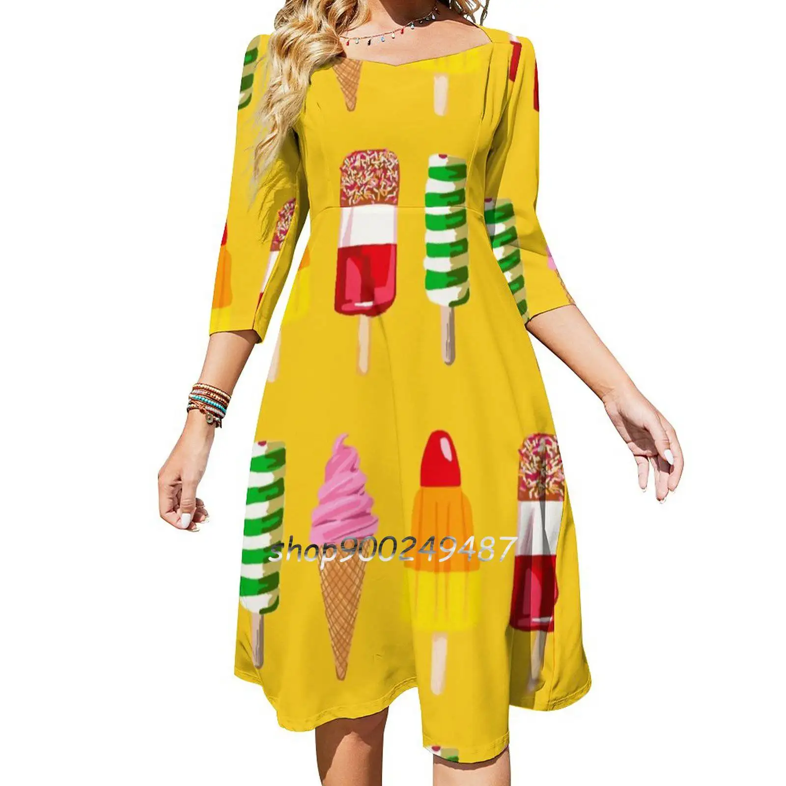 Summery Ice Cream Print On Yellow Square Neck Dress New Plus Size Elegant Women Waist Tight Dress Summer Ice Creams Ice Lolly