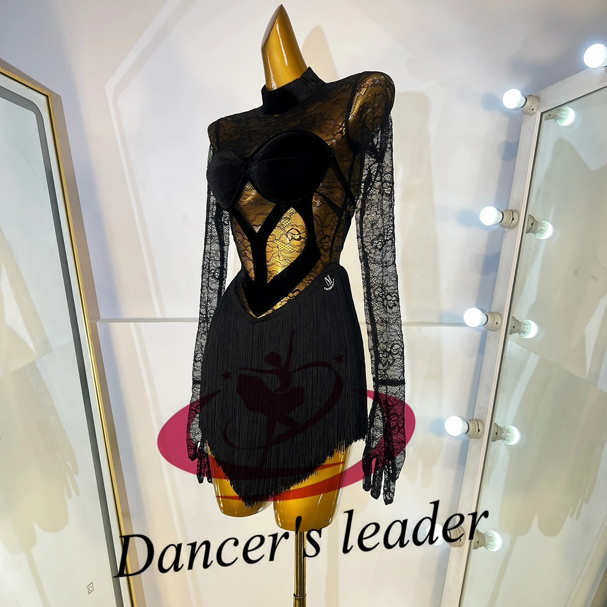 ملابس رقص اللاتينية AB Stone الإناث الكبار الأطفال الراقية مخصص الأسود الدانتيل شبكة شرابة الأسود بركة السامبا أداء اللباس