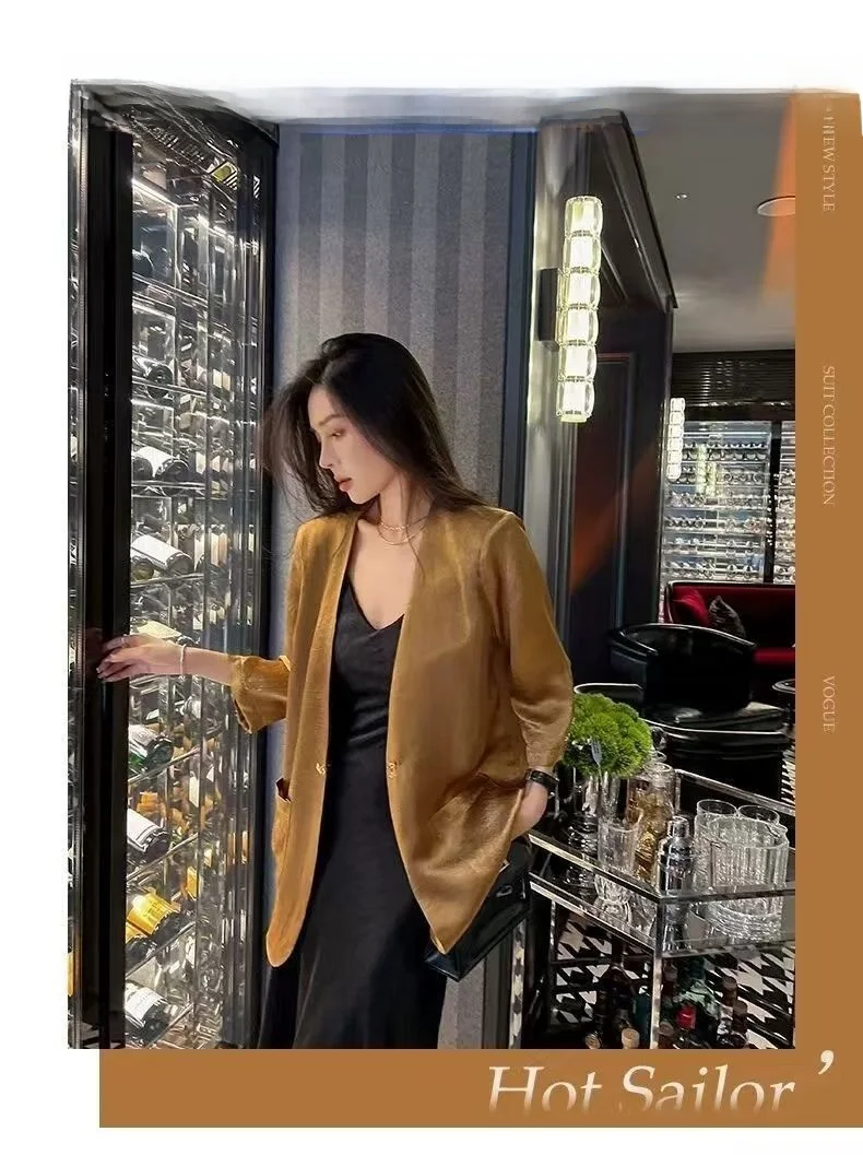 

Thin Acetate Satin Suit Jaet Women's Commute Sle V-Ne Long Sve Regular Fit Casual Pure Color Single Button Coat