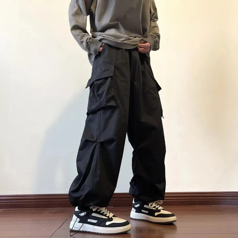 

Preppy Style Men's Clothing Bloomers Wide Leg Elastic High Waisted Solid Color Zipper Pockets Trousers Cargo Drawstring Pants