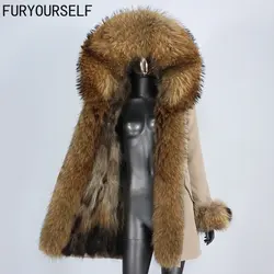 FURYOURSELF-Parka larga impermeable para mujer, abrigo de piel Real con capucha, chaqueta de invierno, piel de zorro de mapache Natural, prendas de vestir exteriores cálidas desmontables, 2023