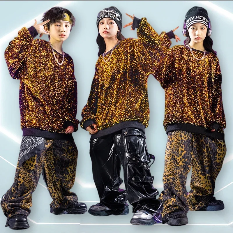 

Children Street Dance Costume Sequin Hip Hop Dance Set Oversize Top Leopard Print Jazz Shuffle Pants Boys Girls Stag Outfit