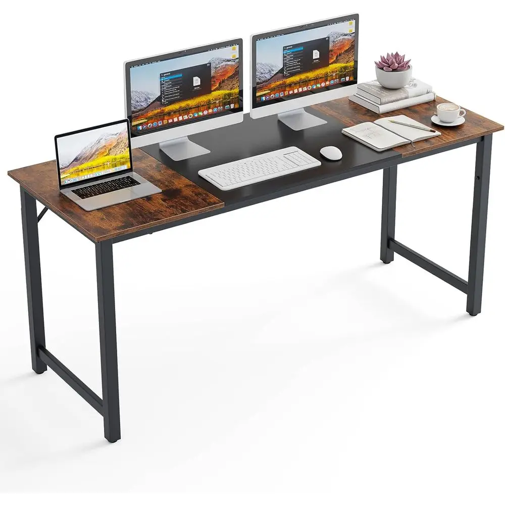 

Large 63 x 24 Rustic Brown & Black Metal Frame Conference Table with Adjustable Foot Pads
