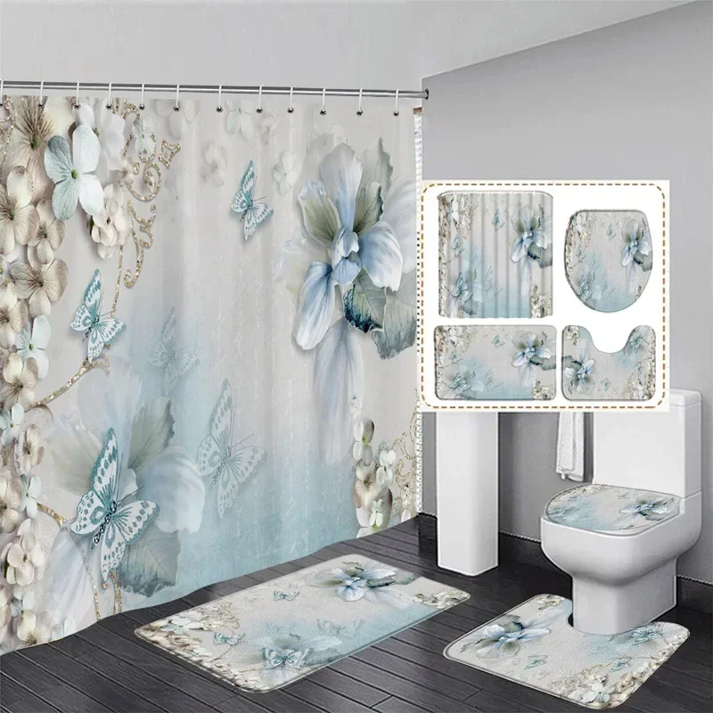 Fashion Pearl floral shower curtain set diamond Swan White stripe geometric woman home bathroom decor bath mats toilet lid cover