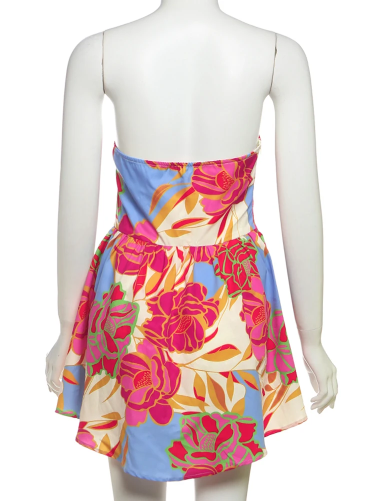 Insglas Sexy Doux Coloré Imprimer Bustier Robe Femmes Hors Épaule Dos Nu Ruché Volants Vacances Y2K Style Mini Moulante