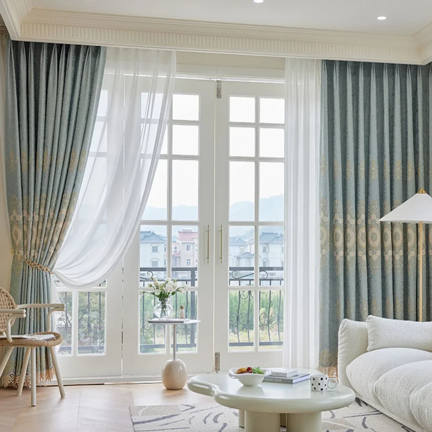 

European Chenille Curtains For Living Room Bedroom Window Blue Embroidered Luxury Thicken Blackout Colth Decor Custom Lace Tulle